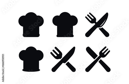 vector solid black filled icons chef hat and utensils (knife and fork): blade shine tine tips handle curves shadow smear utensil cross light rim.