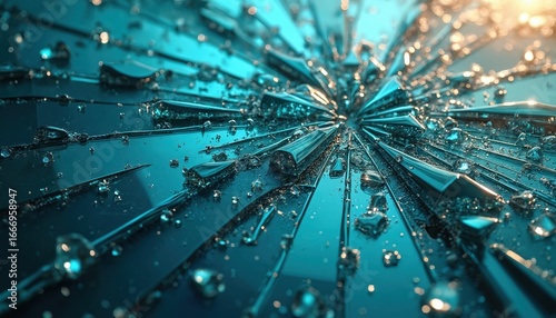 Abstract background features fragmented glass-like pieces with distorted light reflections. Shiny blue shards create dynamic, fractured texture, broken reality, perception. Vibrant, shimmering,