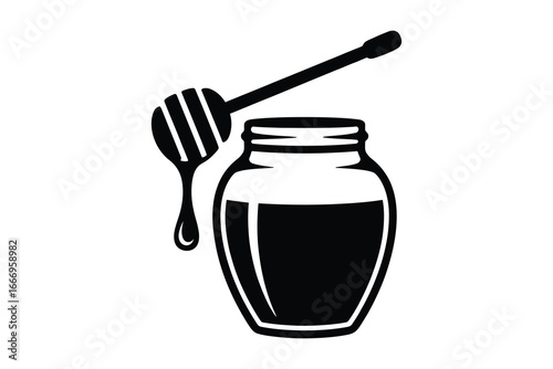 Honey jar with dipper illustration in black and white vector format
