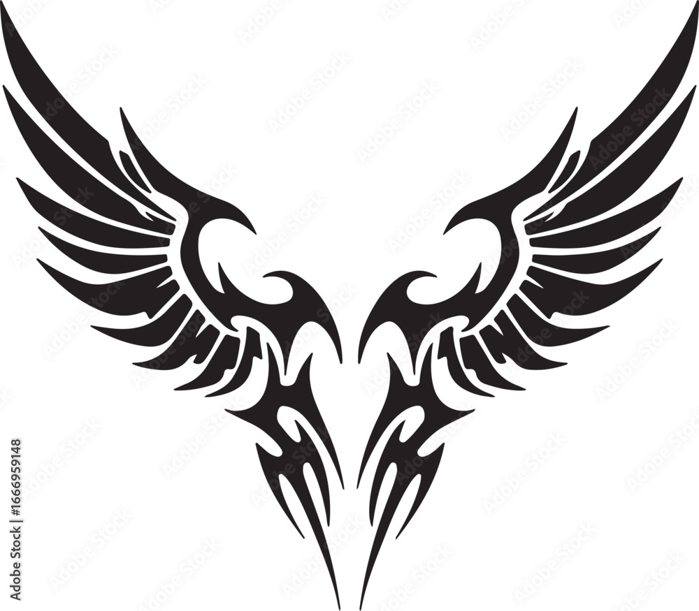 Obraz premium Black tribal wings with sharp, flame-like accents on white background tattoo