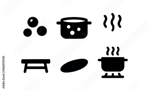 vector solid black filled icons pan on stove (boiling water): water bubbles pot rim lines stove grate shadow smear highlight dot.