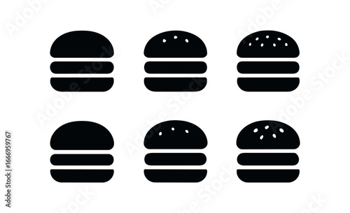 vector solid black filled icons burger with layers (sesame bun bottom): bun bottom crumb edge shadow smear light rim texture dots seed speck.