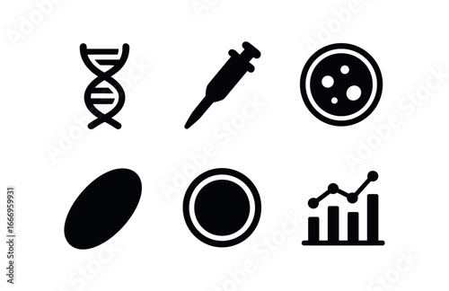 vector solid black filled icons marine biologist (DNA analysis): helix icon micropipette petri dish shadow smear highlight rim data chart.