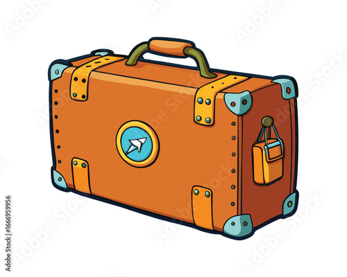 Vector art of vintage brown suitcase with a luggage tag and a circular emblem featuring a paper airplane, isolated on a