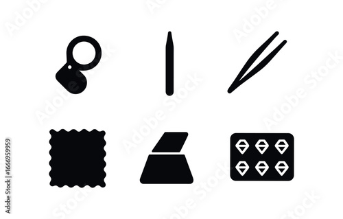 vector solid black filled icons gemologist (tool kit): loupe lens hardness pick tweezers tip refractometer prism polishing cloth gem tray.