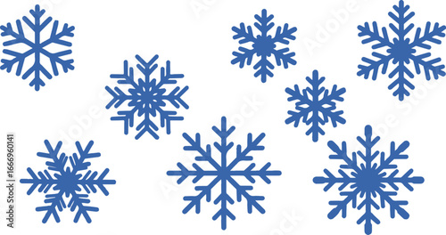 Seven blue snowflakes arranged on a white background winter frost