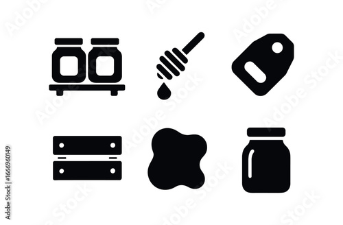 vector solid black filled icons farmer stall (honey jars): honey jars dipper stick label tag crate edge shadow smear light rim.