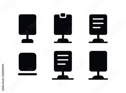 vector solid black filled icons dine in table setup (menu card holder): card outline stand clip menu text line shadow smear highlight rim table edge.