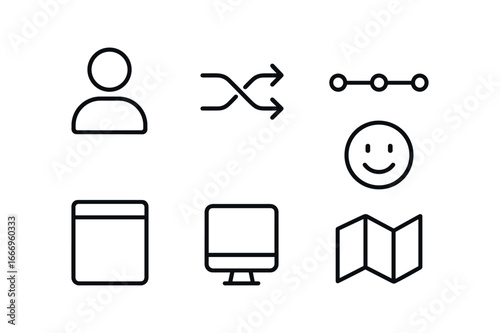 vector outline icons user journey mapping (persona steps): user icon path arrows touchpoint dots emotion smile screen mockup map outline.