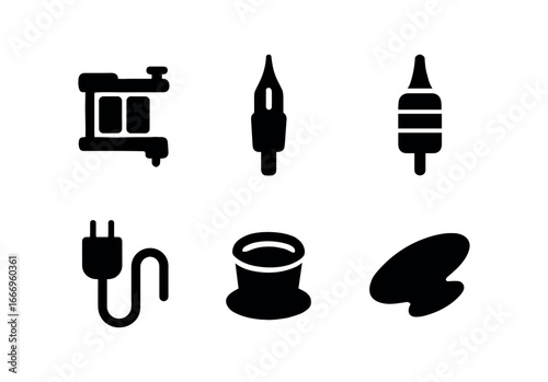 vector solid black filled icons tattoo artist (ink machine): coil gun needle tip grip tube cord line ink cup shadow smear.
