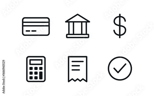 vector outline icons e commerce order management (payment reconciliation): credit card bank icon dollar sign calculator receipt tick badge.