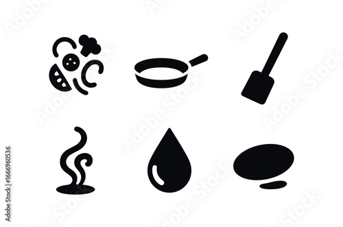 vector solid black filled icons pan on stove (sauté vegetables): veggie slices pan curve spatula line swirl oil drop shadow smear.
