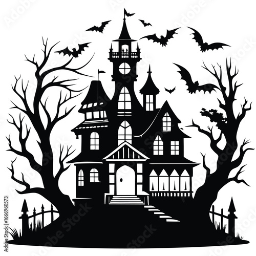 Wallpaper Mural Spooky Halloween Haunted House Silhouette with Bats and Trees for Graphic Design Projects Torontodigital.ca
