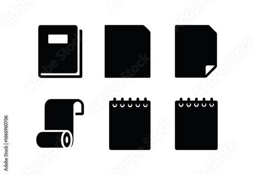 vector solid black filled icons charcoal pencil (art paper): heavyweight pad textured sheet toned gray smooth bristol newsprint roll spiral sketchbook.