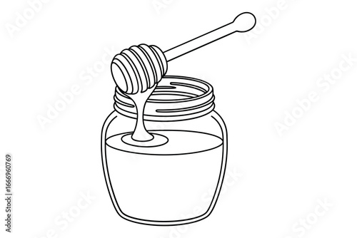 Honey jar with dipper outline drawing for coloring book