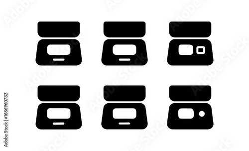 vector solid black filled icons kitchen scale (digital display): LCD screen tare button platform outline unit icon shadow smear highlight dot.