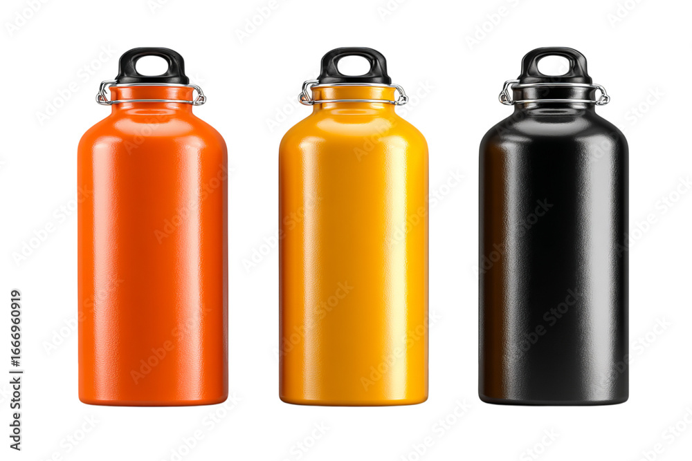 Photo of three white, orange, and black water bottles on a table against an isolated on a transparent background in PNG format.
