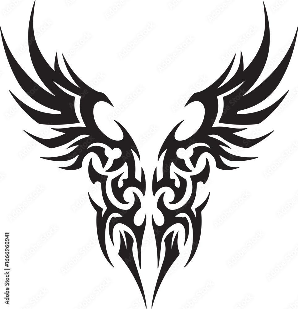 Obraz premium Tribal Wings Tattoo Design with Black Ink on White Background vector illustration