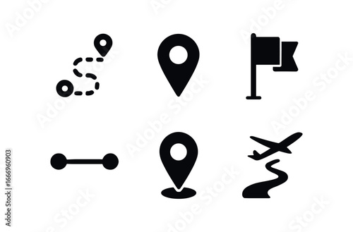 vector solid black filled icons gliding (cross country): GPS route map pin finish flag distance line waypoint icon glider track.