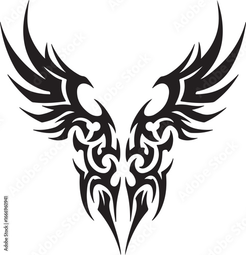 Tribal Wings Tattoo Design with Black Ink on White Background vector illustration