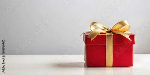 A luxuriously wrapped red gift box with a golden ribbon sits on a pristine white surface