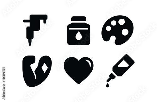 vector solid black filled icons tattoo artist (finished art): healed skin crisp lines color fill shine highlight shadow wash light rim.