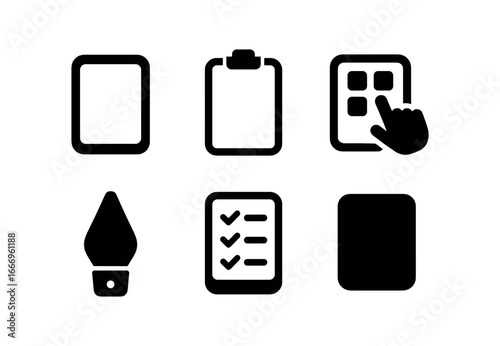 vector solid black filled icons clipboard tablet (digital form): tablet outline clip bar touchscreen grid pen tip checkbox list shadow smear.