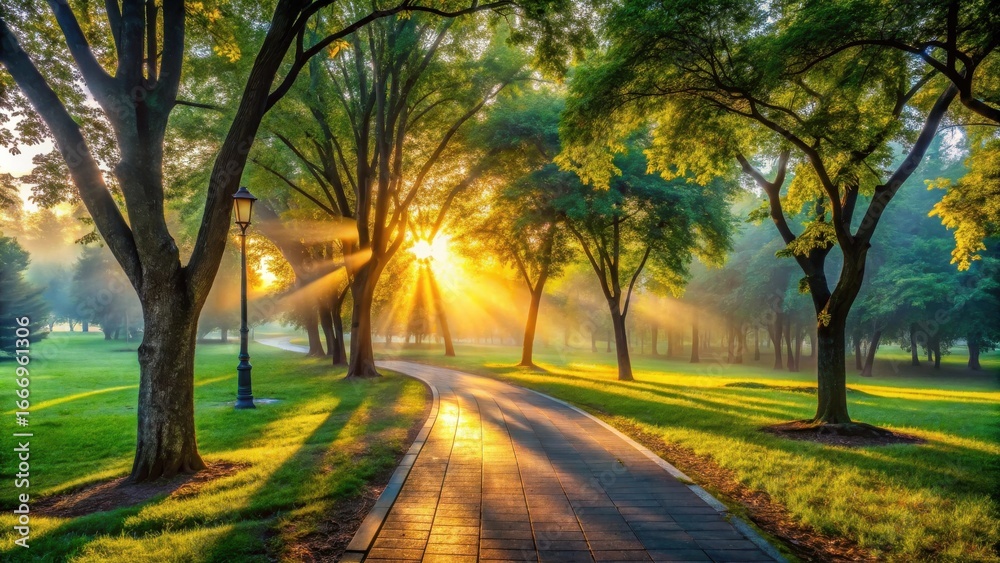 Fototapeta premium Serene Sunrise Path Through a Misty Green Park with Sunbeams