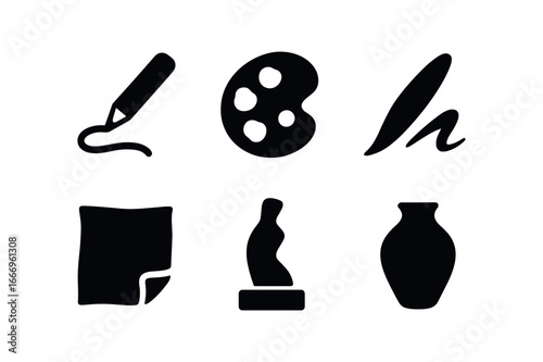 vector solid black filled icons modesty (creative): soft sketch pale watercolors faint calligraphy handmade fabric minimalist sculpture smooth pottery.