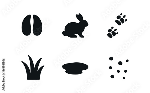 vector solid black filled icons grassy knoll (animal tracks): hoof print rabbit silhouette fox trail grass tuft shadow smear ground speck.