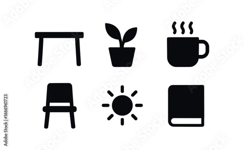 vector solid black filled icons simplicity (home): bare table plant cup of tea chair sunlight book.