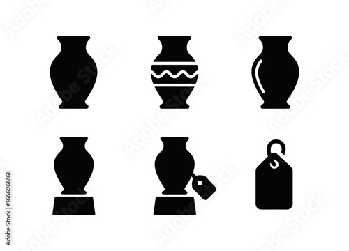 vector solid black filled icons ethnographer (cultural artifact): vase outline pattern lines shadow smear highlight rim pedestal dot label tag.