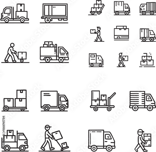 Collection of simple line art icons representing delivery trucks and couriers in a minimalist silhouette style