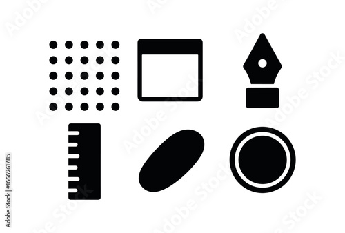 vector solid black filled icons bullet journal (dot grid): dot matrix border header pen nib ruler edge shadow smear light rim.