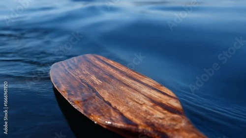 Close-up of a wooden paddle blade on rippled water