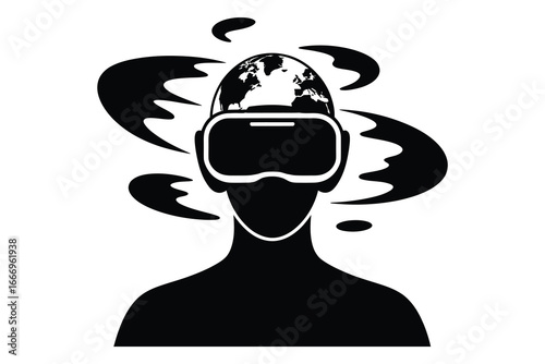 Person wearing VR headset with world globe and abstract shapes