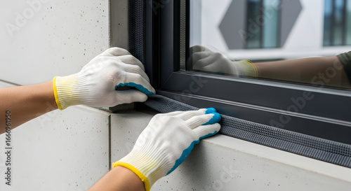 Professional window installation sealing process close up view of hands carefully applying sealant to ensure a perfect weatherproof fit for energy