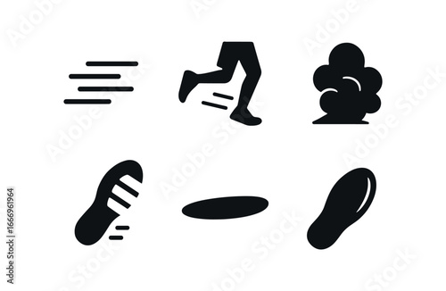 vector solid black filled icons trail running (speed burst): motion lines runner feet dust plume trail mark shadow smear light rim.