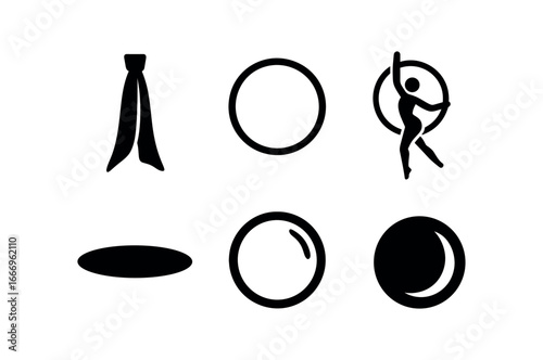 vector solid black filled icons hoop dancing (silk wrapping): silk sash hoop frame dancer pose shadow smear highlight rim light accent.