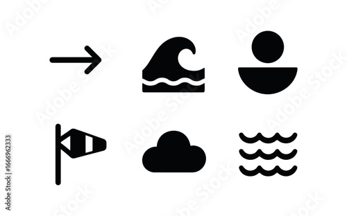vector solid black filled icons kite surfing (conditions): wind arrow wave crest tide chart wind sock cloud cover chop texture.