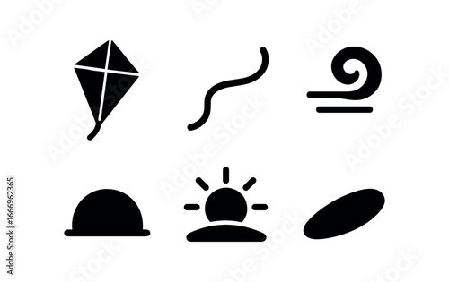 vector solid black filled icons hopefulness (soaring kite): kite shape string line wind swirl sky arc light rim shadow smear.