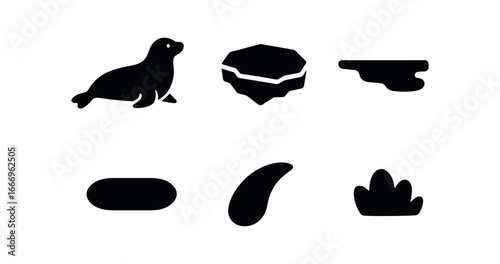 vector solid black filled icons Ice shelf (seal haulout): seal silhouette ice floe water edge shadow smear highlight rim snow tuft.