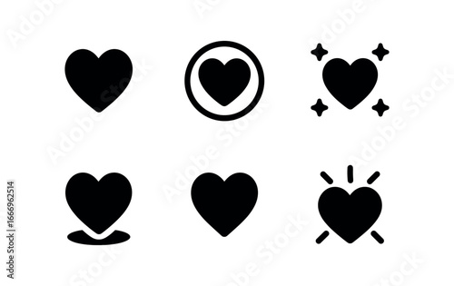 vector solid black filled icons bliss (heart glow): heart icon glow rings shadow smear highlight rim spark dots light rays.