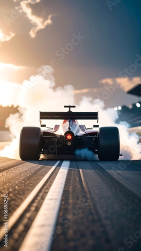 Formula One Race Car in Motion, Dramatic Sunset Background.
