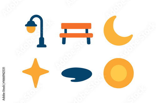 vector colorful filled icons sitting on bench (night rest): lamp bench silhouette moon arc star speck shadow smear light halo.