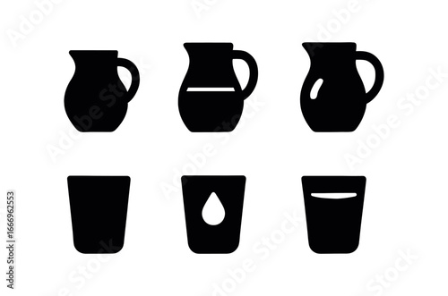 vector solid black filled icons dine in table setup (water pitcher): pitcher silhouette handle loop water line glass droplet highlight rim shadow smear.