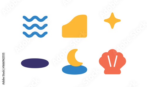 vector colorful filled icons late night walk (beach stroll): wave line sand ridge star dot shadow smear moon reflection shell icon.