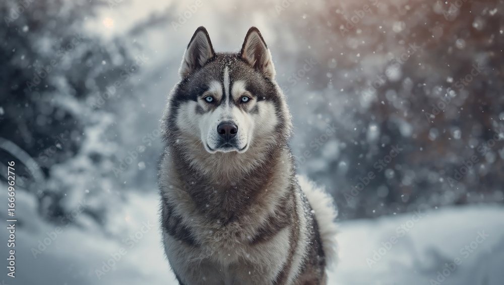 Naklejka premium Siberian husky stands tall in snowstorm with piercing blue eyes
