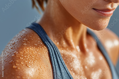 Sweat droplets on tanned skin of person wearing gray tank top, showing close up of shoulder and neck with healthy and active vibe