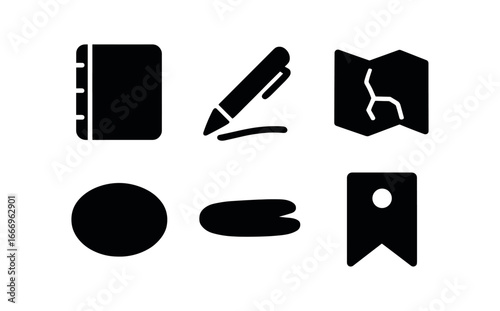 vector solid black filled icons ethnographer (field notes): notebook icon pen stroke map outline shadow smear highlight rim bookmark dot.
